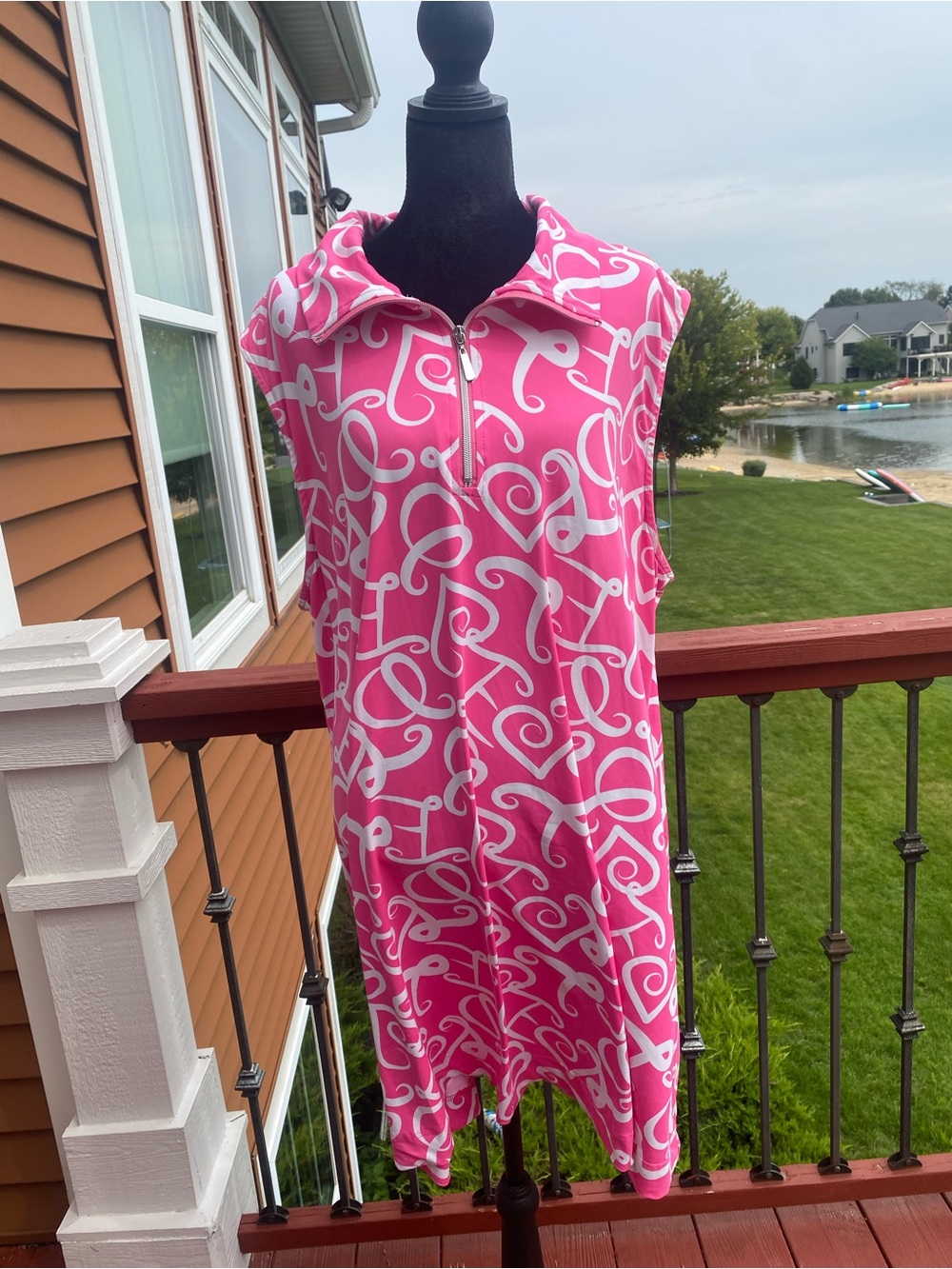 Lulu-B Dress Womens 3X Pink White Scroll 1/4 Zip Sleeveless Golf Resort Stretch